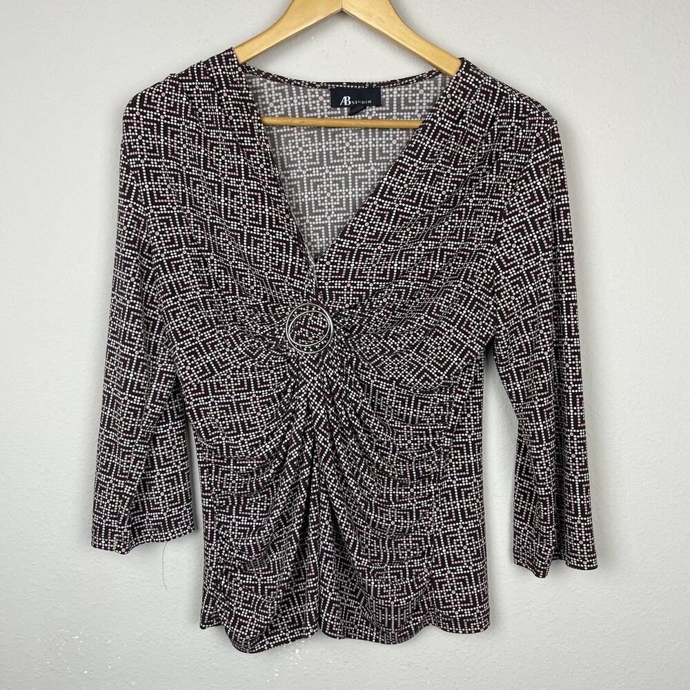 AB Studio Y2K Geometric Print Top Size L Brown 3/4 Sleeve Stretch‎ Made in USA